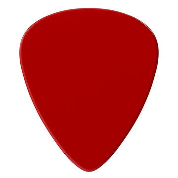 Close-up of a vibrant red guitar pick on a clean white background