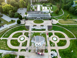 Sunrise aerial of the gardens and conservatory at Garfield Park - Indianapolis, Indiana
