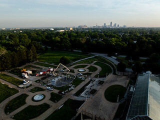 Sunrise aerial of the gardens and conservatory at Garfield Park - Indianapolis, Indiana