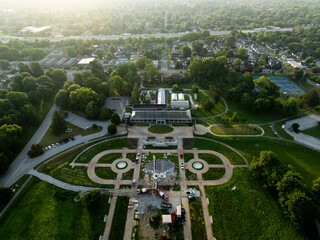 Sunrise aerial of the gardens and conservatory at Garfield Park - Indianapolis, Indiana