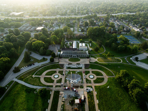 Sunrise aerial of the gardens and conservatory at Garfield Park - Indianapolis, Indiana