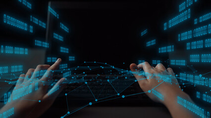 A pair of hands typing on a laptop keyboard is surrounded by digital binary code and network visuals, illustrating concepts of advanced technology and data analysis. Xenic