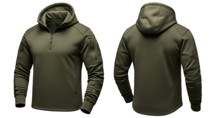 Olive green tactical hoodie front and back view on black background