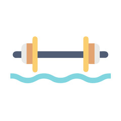 Stylized dumbbell icon floating above blue waves against a solid black background