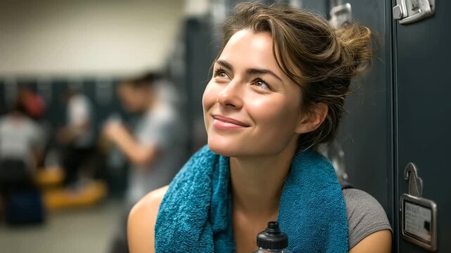 Woman finishing workout, towel over shoulders, water bottle and locker row, satisfied smile, lifestyle portrait, with copy space