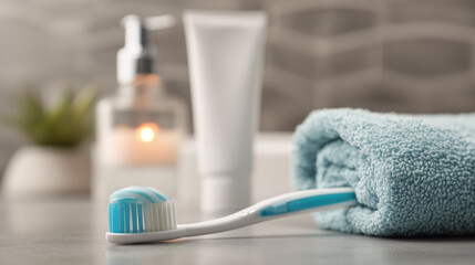 Ai toothbrush, towel, and dental products on a bathroom counter during morning routine