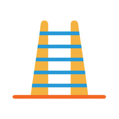 Stylized wooden ladder with blue rungs set against a stark black backdrop