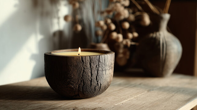 Ai warm candlelight illuminates rustic wooden bowl on a natural wooden table in a serene indoor setting