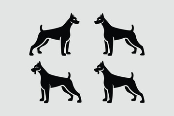 Doberman dog standing in different angles silhouette isolated on white background.