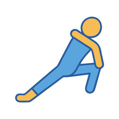 Person stretching with blue body and yellow trim against black background, stylized vector