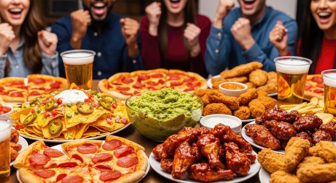 American Football Party Food Table with Nachos Wings and Beer Snacks