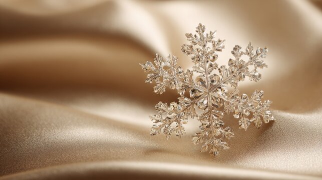 extreme macro of a single sparkling snowflake resting on smooth silk fabric in champagne gold tone high fashion luxury winter aesthetic crystal - Powered by Adobe