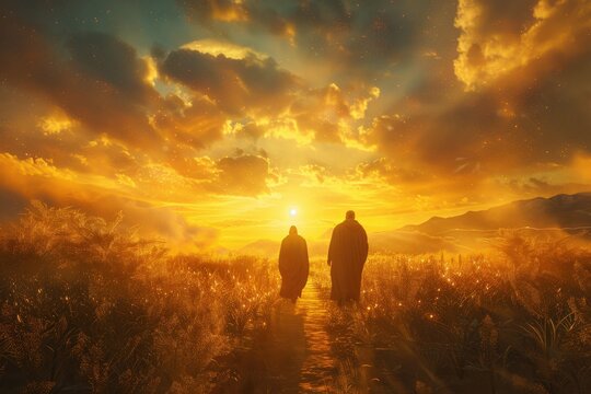 Epic Photorealistic Vision of Enoch and God Walking Together in a Golden Mist-Shrouded Ancient Landscape at Twilight