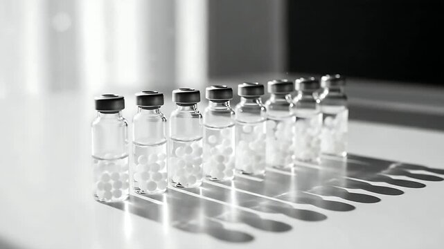 Homeopathic production at manufacturing stage - pellets in vials soaking in solution before drying