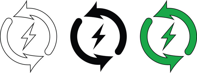 Collection of minimal thin-line vector icons representing renewable and sustainable energy sources such as solar, wind, hydro, bioenergy, and eco-friendly power solutions.