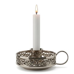 White candle with decorative metal holder, elegant Christmas light perfect for sophisticated holiday cards and traditional festive table settings.