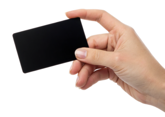  hand holding a blank black plastic card or business card isolated on a transparent background.