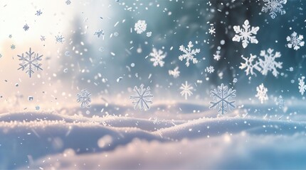 Magical snowfall in a winter forest with soft light and glowing snowflakes