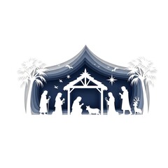 Detailed purple nativity scene ornament with intricate design, elegant religious Christmas decoration for sophisticated holiday displays and spiritual celebrations.