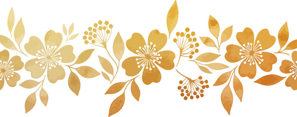 A delicate watercolor floral border design featuring warm golden and orange hues with scattered leaves and berries perfect for elegant invitations and decorative accents