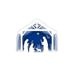Illuminated blue nativity scene with architectural design, modern religious Christmas decoration for contemporary holiday displays and spiritual themes.