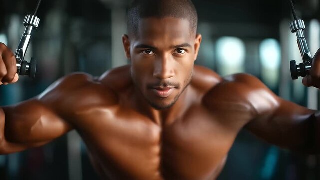 Man using pec deck fly machine, chest isolation, chrome arms, saturated gym palette, with copy space
