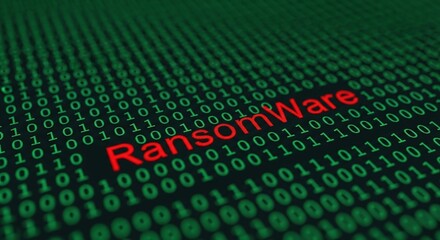 The word ransomware in red, displayed against green binary code, representing a critical cybersecurity threat and data encryption