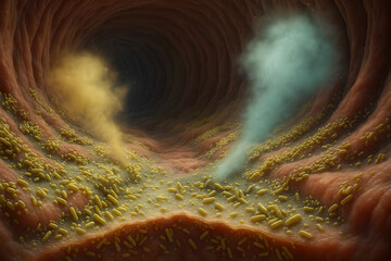 Photorealistic 3D C. difficile in the colon, smooth mucosal folds, yellow-green rods and spores on mucus layer, semi-transparent dual-color toxin clouds diffusing into the lumen