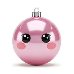 Adorable pink Christmas bauble with cute kawaii face, sweet ornament perfect for modern holiday decorations and playful festive designs.