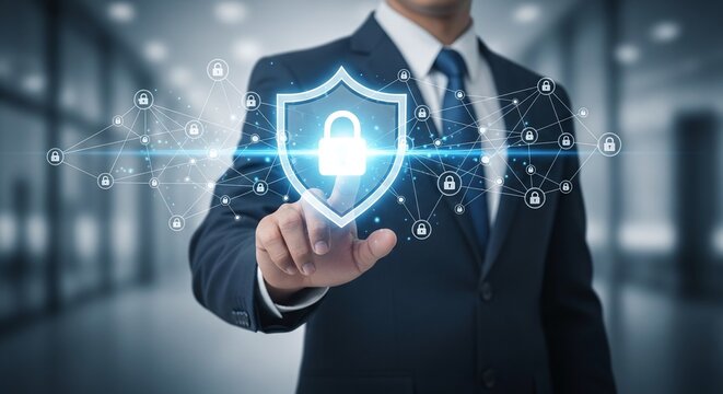 Businessman in a suit touching a glowing shield icon with a padlock, representing data protection, cybersecurity, and secure network solutions for corporate and business environments