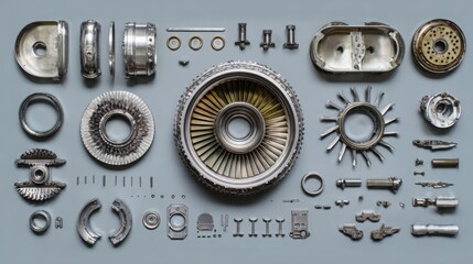 flat lay arrangement of disassembled jet engine components turbine blades rings bearings polished metal textures neat geometric layout minimal