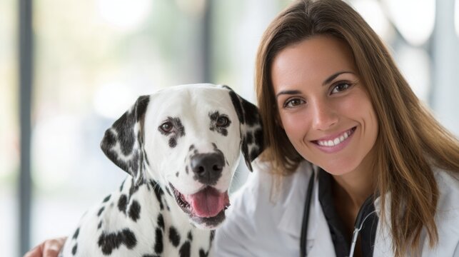 female veterinarian smiling beside a happy Dalmatian dog, modern veterinary clinic background, bright and clean environment, friendly