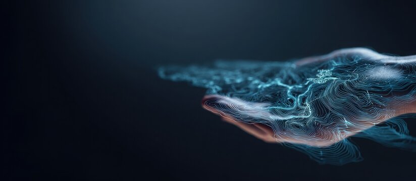 floating holographic map above palm luminous lines soft futuristic glow dark elegant background clean minimalistic sci fi navigation concept