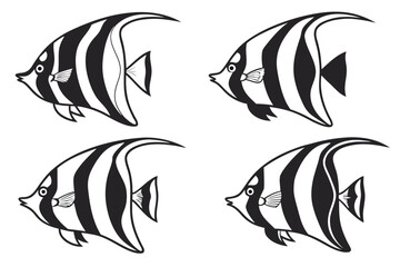 Minimalist moorish idol fish icon set with black and yellow accents
