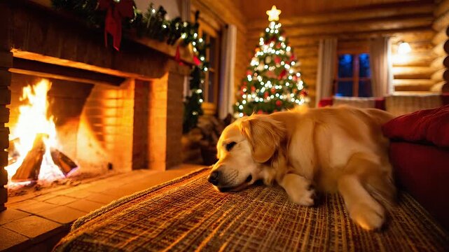 Warm Christmas holiday scene inside a rustic log cabin with a Golden Retriever pup peacefully sleeping on a throw, basking in the glow of a crackling fireplace and a beautifully decorated pine tree