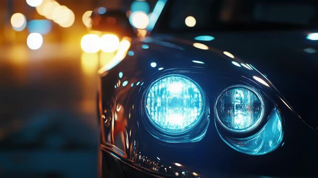 A close-up shot of a car's headlights shining brightly on a dark and quiet night