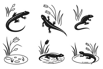 Minimalist icon set featuring a newt in a pond