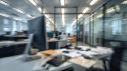 Abstract blurred office interior room. The sleek and modern office furniture, with a desk cluttered with papers and a state-of-the-art computer.