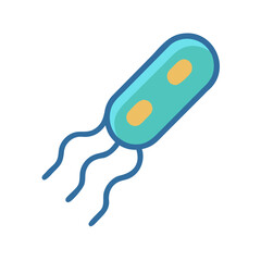 Stylized bacterium cell with flagella in blue and yellow on black background