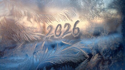 Frozen window with icy patterns, 2026 carved into frost, soft natural winter light, macro perspective, dreamy atmospheric mood, delicate textures
