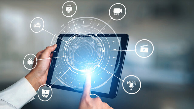 Multimedia technology with video, audio, photo and streaming icons representing digital media, communication and online platforms in a modern multimedia world. Gist