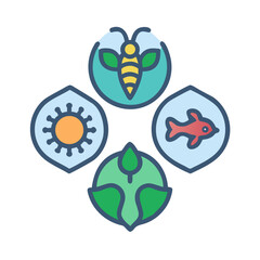 Ecological harmony: icon set featuring flora, fauna, and sun symbolizing environmental balance