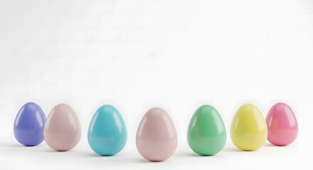 Obraz premium seven pastel colored easter eggs lined up against a white background