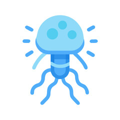 Stylized blue jellyfish illustration on black background, simple design and rounded shapes