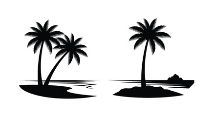 Black silhouette of three palm trees and a tropical island scene