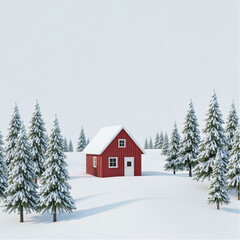 Minimalist winter landscape with a tiny, small, red cabin surrounded by snow and pine trees, evoking solitude and peace.eps