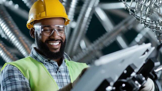 Happy Worker in a Factory: A cheerful and skilled worker, donned in a hardhat and safety glasses, meticulously examines blueprints. The environment is one of industry and manufacturing.