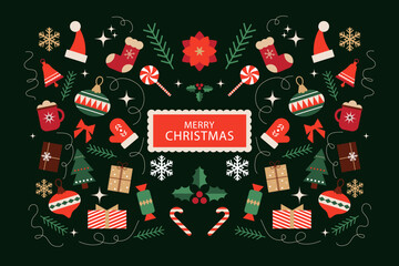 Horizontal festive background for a banner or a Christmas  greeting. Flat-style vector illustration with festive elements