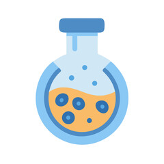 Flat vector science flask with bubbly golden liquid and blue spheres inside