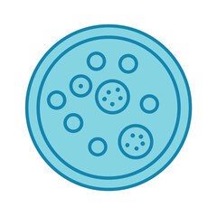 Flat illustration of a petri dish with cell colonies on a black background.